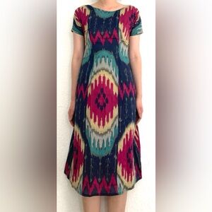 Vintage ikat print pink blue pattern short sleeve summer dress, xs
